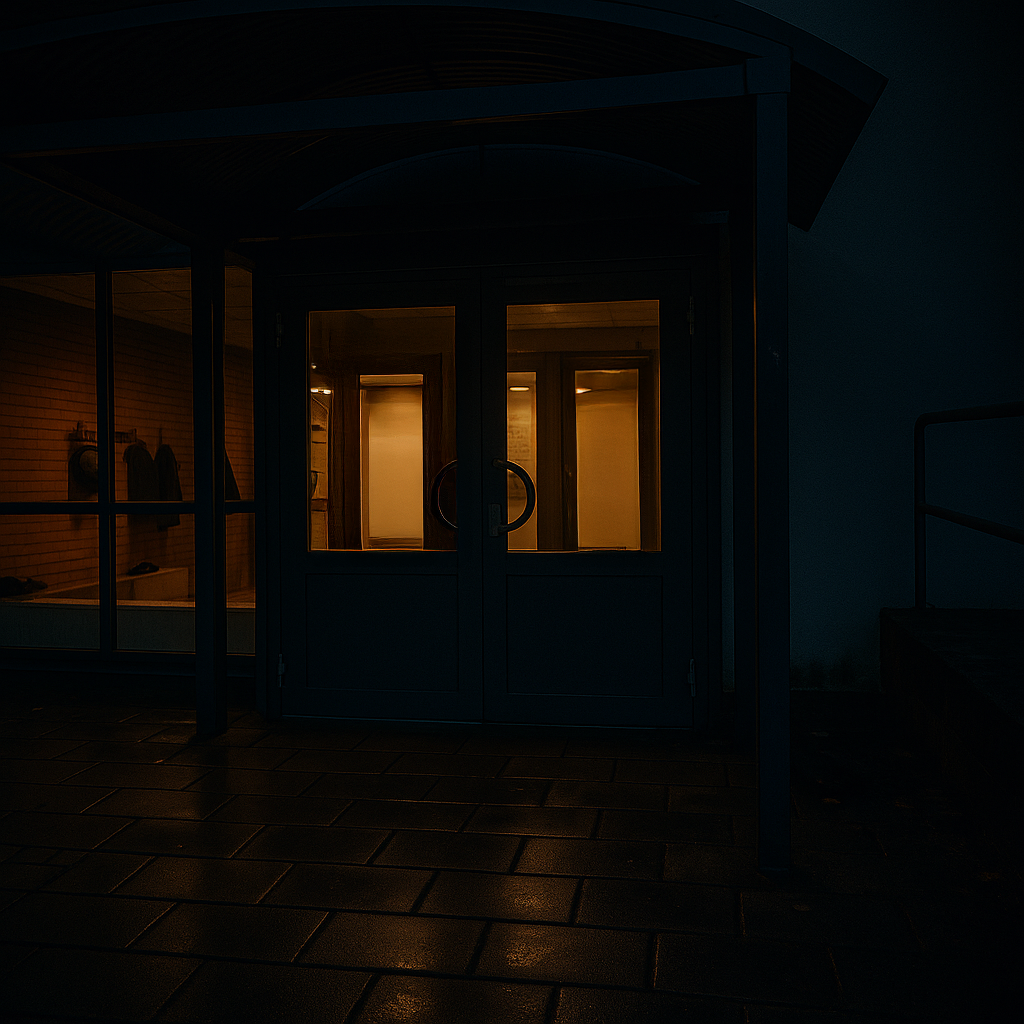 Dojoentré i kvällsljus med röda accenter